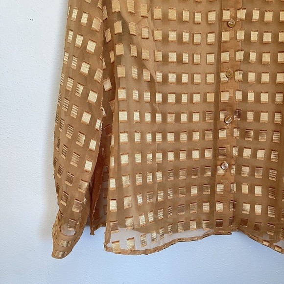 Basic Editions Sheer Jacquard Collared Button Up Gold Holiday Top Shirt Womens L - Picture 5 of 9